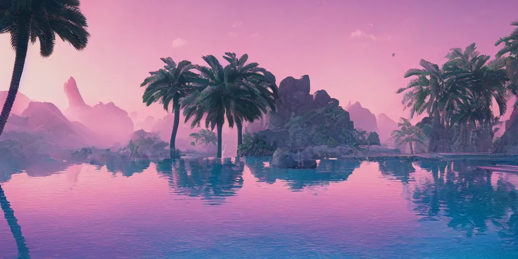 Prompt: artgem and Beeple masterpiece, hyperrealistic surrealism, scifi wide angle landscape, award winning masterpiece with incredible details, epic stunning, infinity pool, a surreal liminal space, highly detailed, trending on ArtStation, calming, meditative, pink arches, palm trees, surreal, sharp details, dreamscape, giant gold head statue ruins, crystal clear water