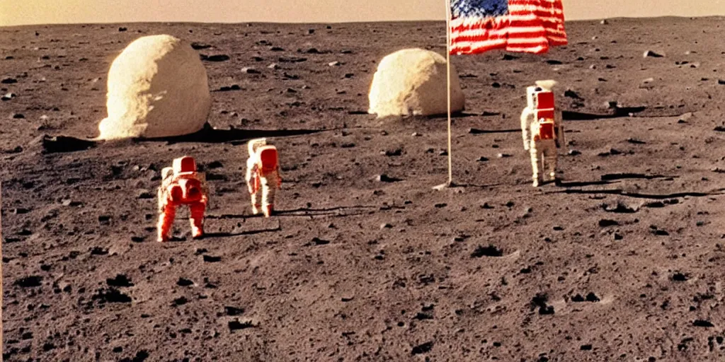 Prompt: colour photograph of the moon landing, urss astronauts with flag, spaceship, high resolution, very detailed