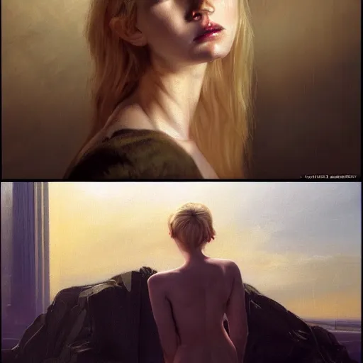 Prompt: blonde girl in the world of Adam Wyeth, stormy weather, extremely detailed masterpiece, oil on canvas, low-key neon lighting, artstation, Blade Runner 2049, Roger Deakin’s cinematography, by J. C. Leyendecker and Peter Paul Rubens and Edward Hopper and Michael Sowa,