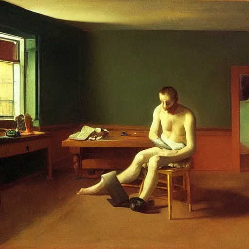 Image similar to some guy sitting in his small room looking at a computer screen. jamie wyeth greg rutkowski winslow homer thomas eakins lucian freud edward hopper j. m. w. turner edgar degas giorgio morandi peter doig oil painting