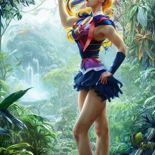 Image similar to Sailor Moon, queen of the jungle, fully clothed, pet animal, jungle fantasy, intricate, cinematic lighting, highly detailed, digital painting, artstation, concept art, smooth, sharp focus, illustration, art by Artgerm and Greg Rutkowski and Alphonse Mucha
