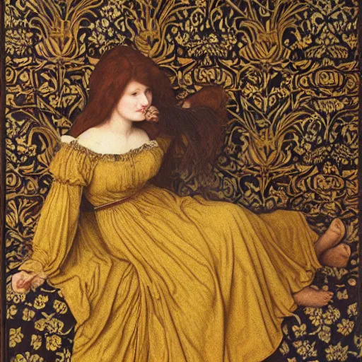 Image similar to preraphaelite photography reclining on bed, large eyes and nose and lips, big brown fringe, yellow ochre ornate medieval dress, william morris, 4 k