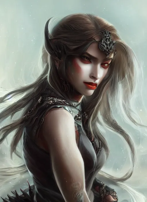 Image similar to three quarters portrait of a beautiful female vampire warrior, super powers, fantasy, intricate, elegant, highly detailed, digital painting, artstation, concept art, shining, sharp focus, illustration, art by stanley lau