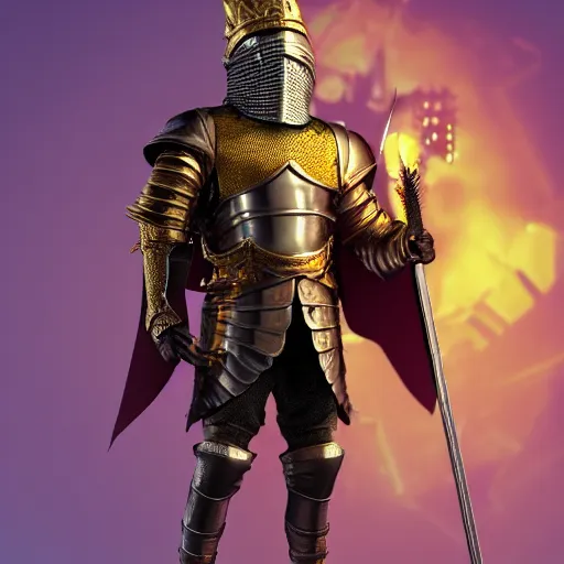 Image similar to a highly detailed knight with glowing purple eyes in a golden helmet and a golden crown with a diamond in the center, golden armor, leather clothes under the armor, leather gloves, holds a black sword, artstation, DeviantArt, professional, octane render, sunset lighting