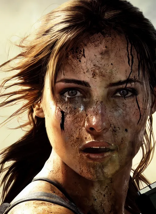 Prompt: a film still of lara croft as cop, her face muddy and sweat, direct sun light, close up potrait, cinematic, subsurface scattering