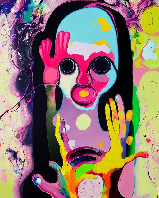 Image similar to woman holding a baby, an ultrafine detailed painting by peter max and francis bacon and fiona rae and maryam hashemi and hernan bas and anna mond and max gubler, featured on deviantart, metaphysical painting, neo expressionism, pop surrealism, melting paint, biomorphic, mixed media, photorealistic, dripping paint, palette knife texture, masterpiece