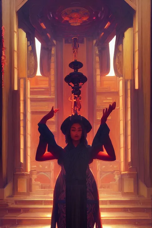 Prompt: temple, taoism, synthwave, painting by greg rutkowski, j. c. leyendecker, artgerm