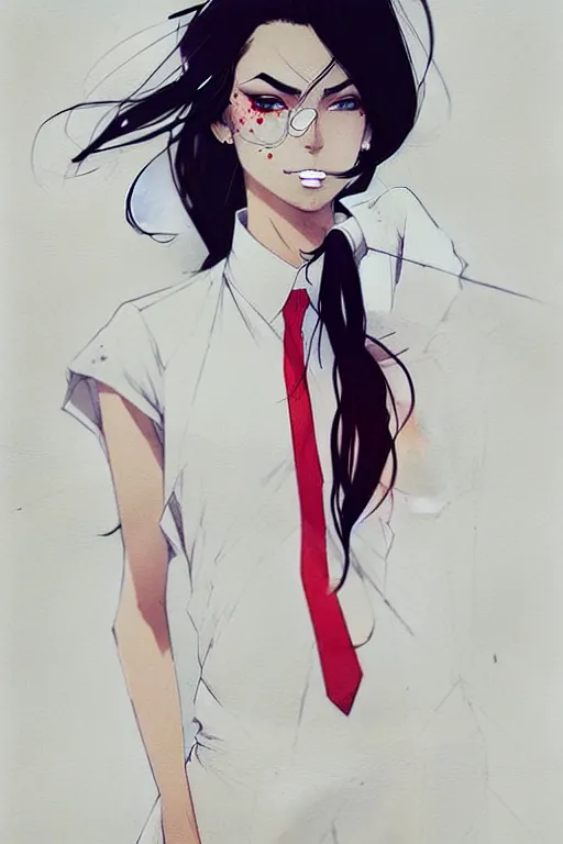 Image similar to a ultradetailed full body portrait of a woman dressed in a white shirt with a tie, by conrad roset, greg rutkowski and makoto shinkai trending on artstation