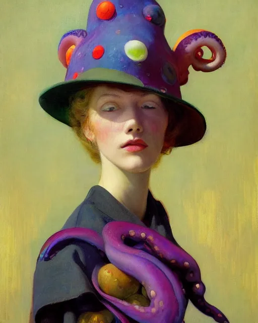 Image similar to a beautiful girl wearing a colourful octopus as a hat, painted by edgar maxence, edward hopper, wayne barlowe and james gilleard, airbrush, art by jamesjean