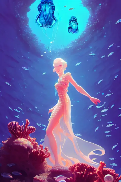 Image similar to a beautiful queen of ocean in the middle of coral reefs, pearl crystal jewelry, complex and shiny dress inspired by jellyfish, by ross tran and atey ghailan, by greg rutkowski, by greg tocchini, by james gilleard, by joe fenton, by kaethe butcher, dynamic lighting, grunge aesthetic