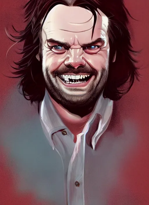 Prompt: young jack nicholson as jack torrance from the shining ( 1 9 8 0 ) portrait illustrated by rossdraws, vivid colors, soft lighting, digital artwork 4 k, best of artstation