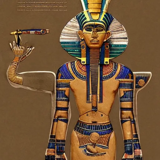 Image similar to The Annunaki have returned to Egypt wearing space suits that look like Egyptian pharoah head-dresses and breathing hoses that look like elephant trunks - alien-looking, cyborg, detailed, photo-realism