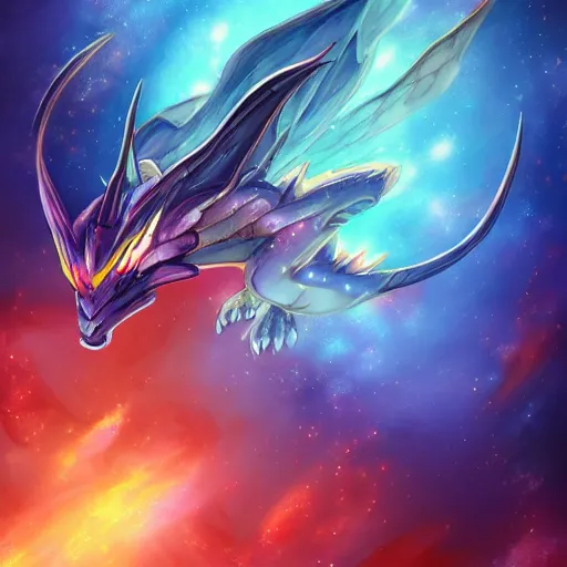 Image similar to legendary dragon magical pokemon , digital art , trending on artstation , highly detailed , space nebula background