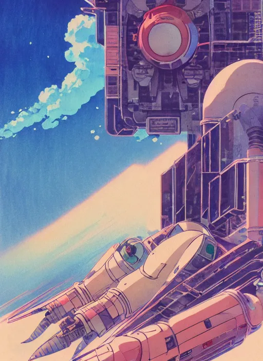 Prompt: vintage anime cinematic lush retrofuturistic NASA space colony by Studio Ghibli and Ivan Aivazovsky, trending on ConceptArtWorld, watercolor concept art by Syd Mead, by william herbert dunton, watercolor strokes, japanese woodblock, by Jean Giraud