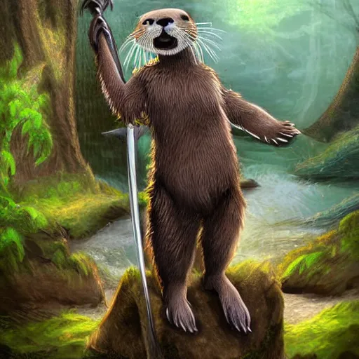 Prompt: furry otter warrior, fantasy art, lightweight armour, near the river, waterfall, digital art, high quality