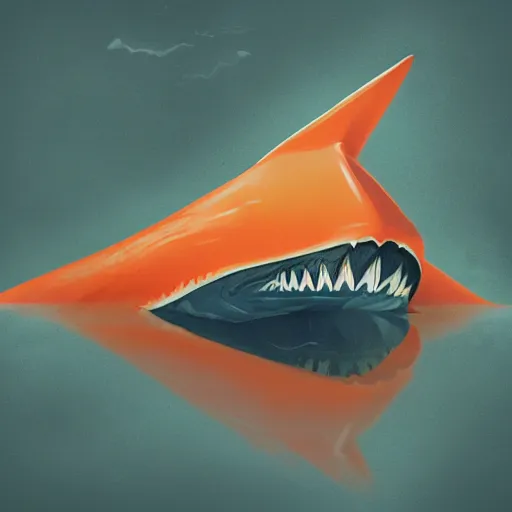 Image similar to broken orange and white striped traffic cone filled with shark teeth, ocean background detailed atmospheric - ron cheng & alphonse mucha, highly detailed, digital painting, ray tracing, concept art, illustration, smooth sharp focus, intricate, symmetry, artstation,