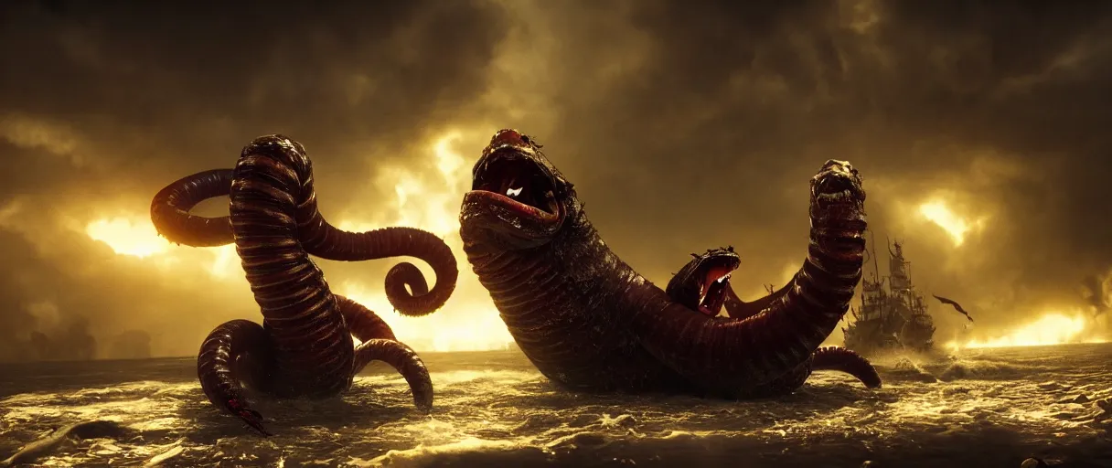 Image similar to pirates fighting giant screaming worm, cinematic atmosphere, maximized, high detail, 8k, ornate, dark fantasy, masterpiece, complex, film still from the movie directed by Denis Villeneuve