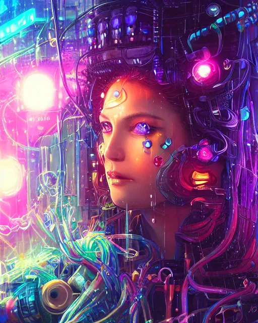 Image similar to a cyberpunk close up portrait of enchanting cyborg medusa, electricity, rainbow, snakes in hair, sparks, bokeh, soft focus, sparkling, glisten, water drops, cold, dark, geometric, temples behind her, by paul lehr, jesper ejsing