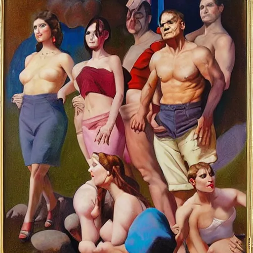 Image similar to riotous by alex alemany, by frank frazetta. a beautiful print of a group of people standing in a line. they are all facing the same direction & appear to be waiting for something.