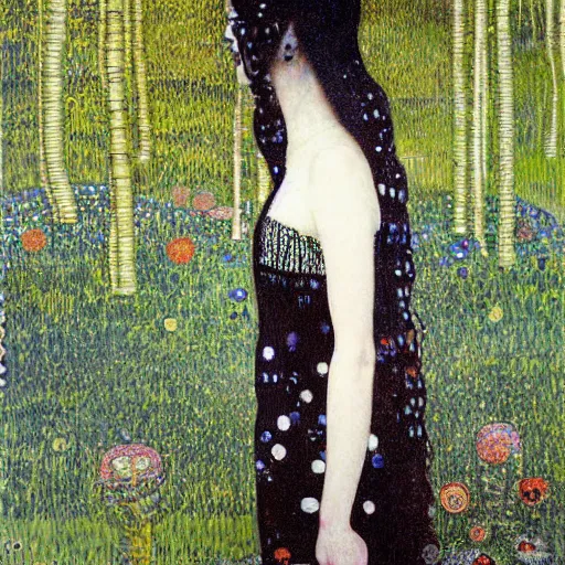 Prompt: Hannah Fierman with beautiful clear defined face and body as a gothic victorian woman standing in front of a lake near an ominous forest. Junji Ito, Gustav Klimt, sharp focus, HR Giger