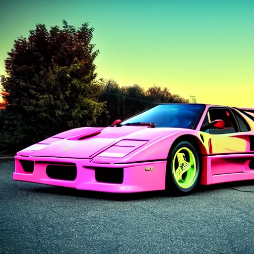 Prompt: neon synthwave ferrari f 4 0, at sunset, 8 k. filling most of the view