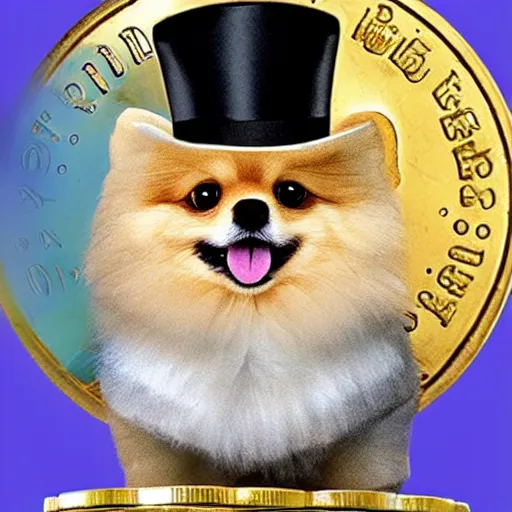 Image similar to A pomeranian wearing a top-hat, sitting on top of a large pile of gold coins