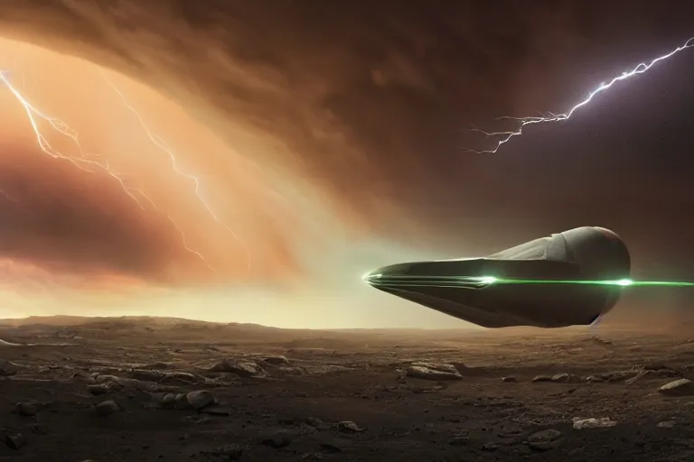 Prompt: a cinematic portrait of a cargo starship, landing in a mars base, green clouds and lightning storm, ridley scott and zack snyder, 8 k, hd, high resolution, 8 5 mm, f / 1. 8