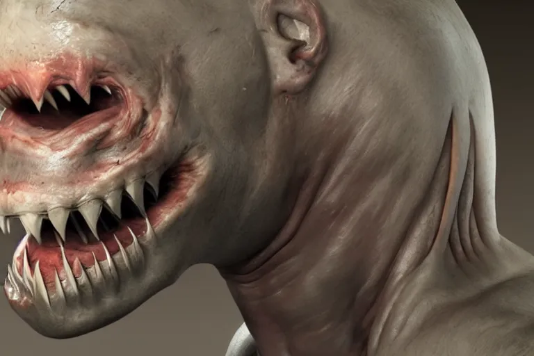 Image similar to A human with shark head made of muscles and flesh, very angry, teeth, ambient light, terror, glows, realistic, photo-realism, hyper realism, picture, detailed, 3D render, scary, distant shot, in the distance,