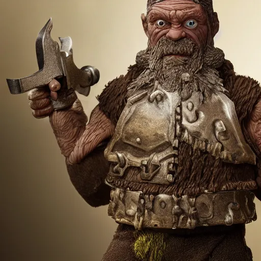 Prompt: high - res photograph of a claymation sculpture warrior dwarf, highly detailed sculpey diorama, by erwin olaf, smooth, sharp foccus, commercial photography, fashion shoot