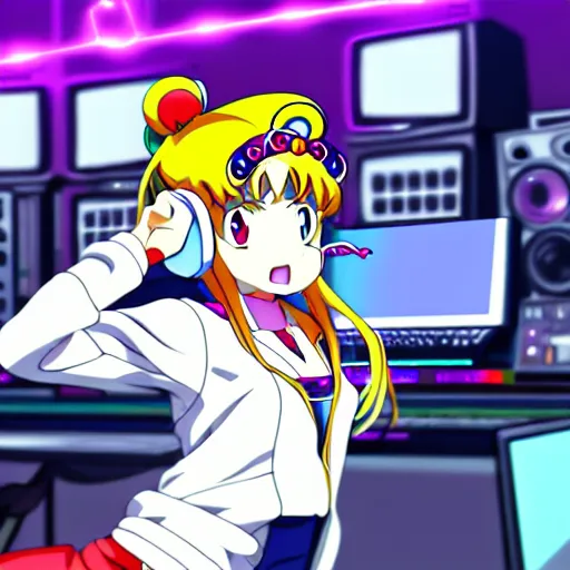 Image similar to An anime character working in their music studio. 90s anime, Sailor Moon, Neon Genesis, official art, flat cell shading, fantastic screenshot art, trending on artstation