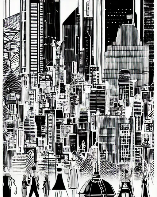 Image similar to cypherpunk fashion illustration, camera face, black and white, manga, city street background with high tall buildings, central park, abstract landscape, highly detailed, finely detailed