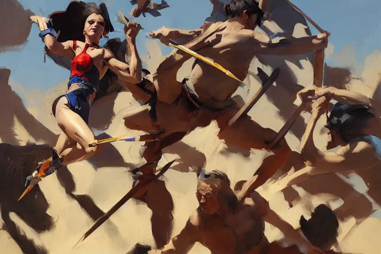 Prompt: greg manchess painting of people in an arena falling over swords, profile picture, organic painting, sunny day, matte painting, bold shapes, hard edges, street art, trending on artstation, by huang guangjian, gil elvgren, ruan jia, randy vargas, greg rutkowski