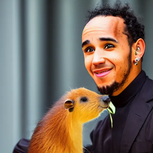 Image similar to an award winning photo of lewis hamilton holding a capybara, 4 k