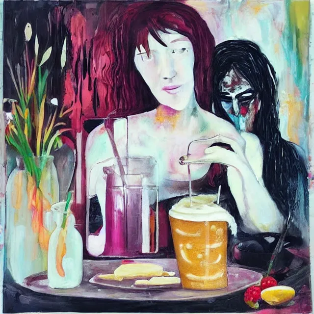 Image similar to “ sensual, a portrait in a female art student ’ s apartment, pancakes, woman drinking an iced latte from a painting, berries, art supplies, a candle dripping white wax, berry juice drips, neo - expressionism, surrealism, acrylic and spray paint and oilstick on canvas ”