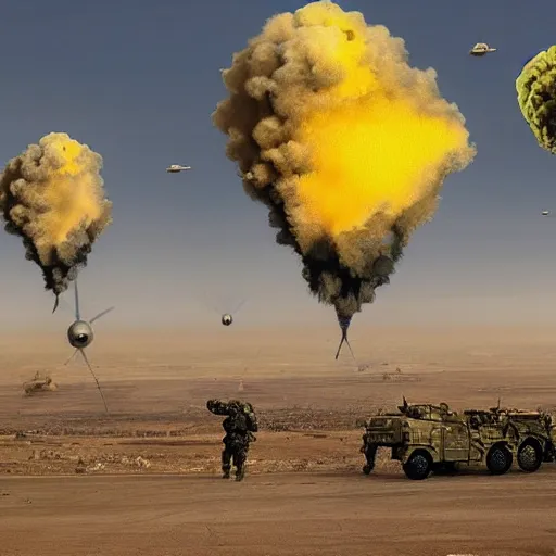 Prompt: minion paratroopers with a nuclear explosion in the background, planes are bombing baghdad