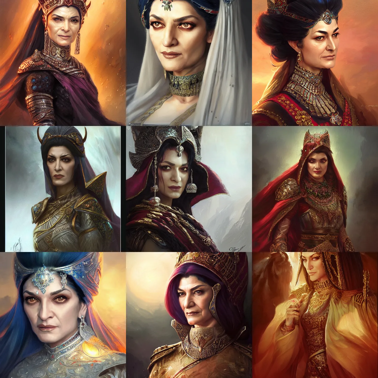 Image similar to old persian empress, shohreh aghdashloo, twilight lighting, d & d, fantasy, portrait, highly detailed, digital painting, trending on artstation, concept art, sharp focus, illustration, art by artgerm and greg rutkowski and magali villeneuve