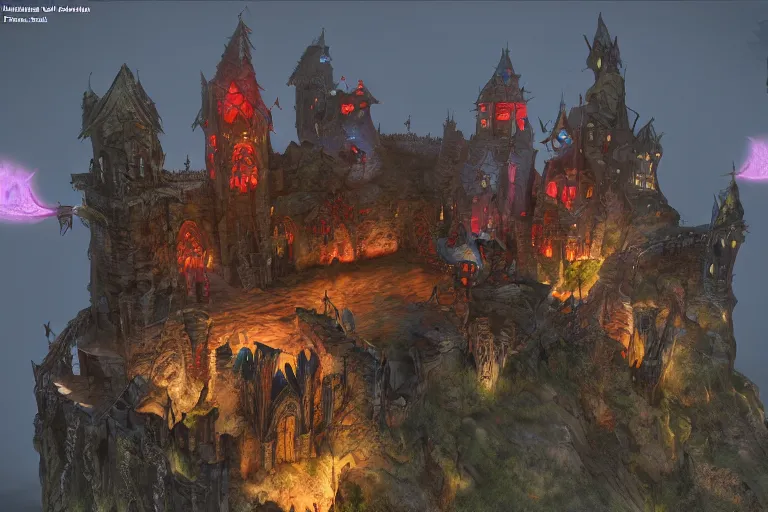 Image similar to big evil fairy castle - city rock dark shadow elves, might and magic heroes 7, dark fantasy, shadows, artstation trending, unreal engine 5, red