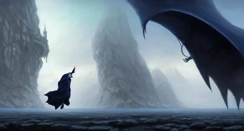 Prompt: handsome mage running away from giant airship, black hair wearing square hooded gothic navy cloak holding a stave, cave town, movie action still frame, ultra wide horizon, intricate, elegant, highly detailed, hyperrealism, digital painting, concept art, smooth, sharp, focus, illustration, art by artgerm, greg rutkowski, ilya kuvshinov