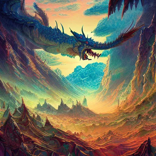 Image similar to psychedelic concept art painting of a dragon landscape made of thousands of dragons, realistic, detailed, cel shaded, in the style of makoto shinkai and moebius and peter mohrbacher and anton fadeev