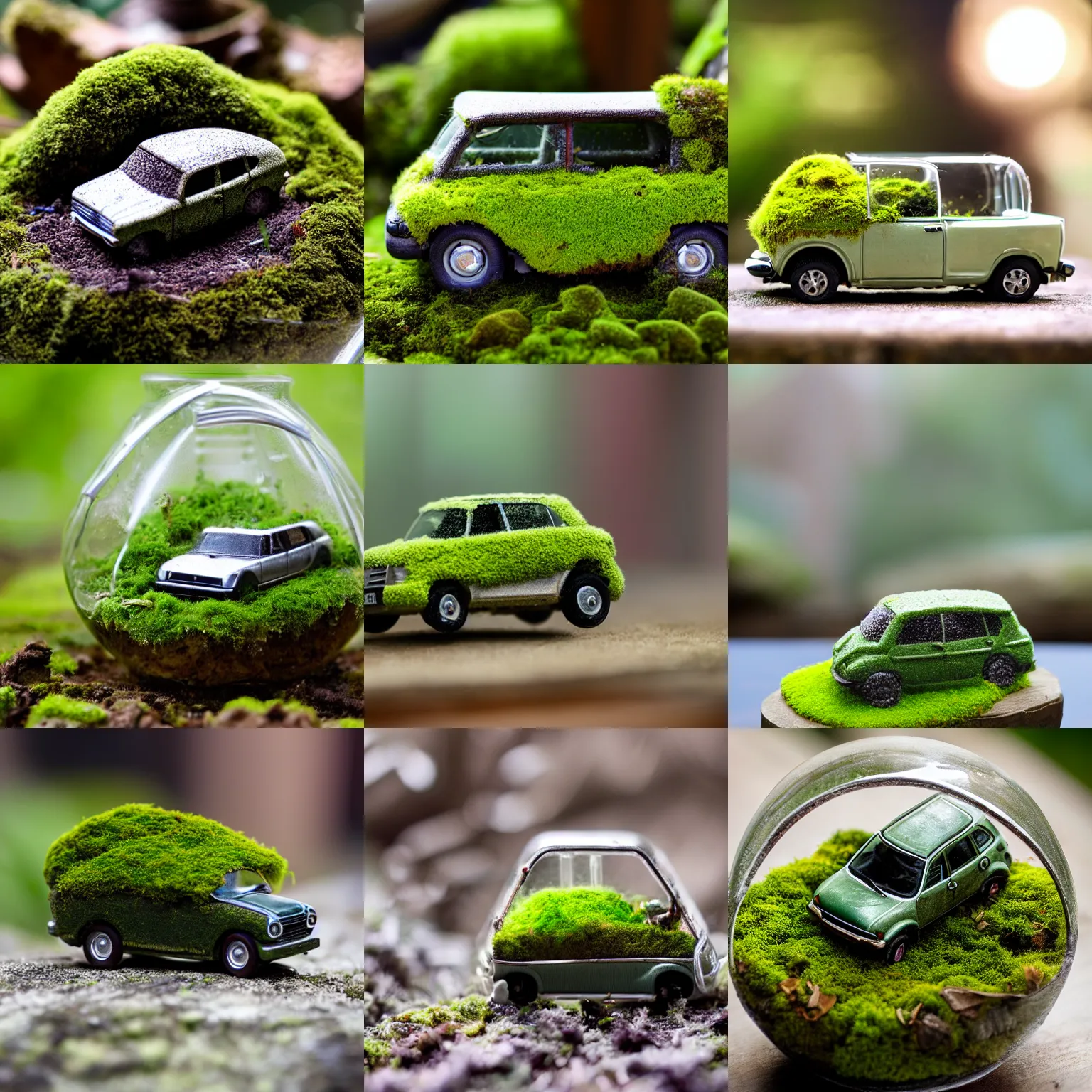 Prompt: Tiny sedan in terrarium, covered in moss, 70mm