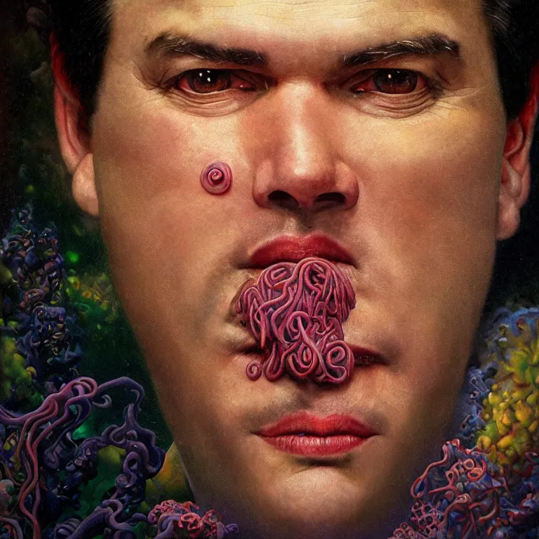 Prompt: Hyperrealistic intensely colored close up studio Photograph portrait of deep sea bioluminescent Senator Marco Rubio, symmetrical face realistic proportions eye contact tentacles, Grinning in a coral reef underwater, award-winning portrait oil painting by Norman Rockwell and Zdzisław Beksiński vivid colors high contrast hyperrealism 8k