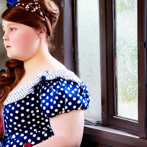 Image similar to charming and chubby girl, wearing a polka dot dress and a victorian - style hairdo on her head, sits in the large and bright studio. sunlight enters through the barred window. very realistic shiny skin. subsurface scattering shiny skin. beautiful lighting, 4 k post - processing, highly detailed, 5 k extremely detailed, 3 d. cinematic scene.