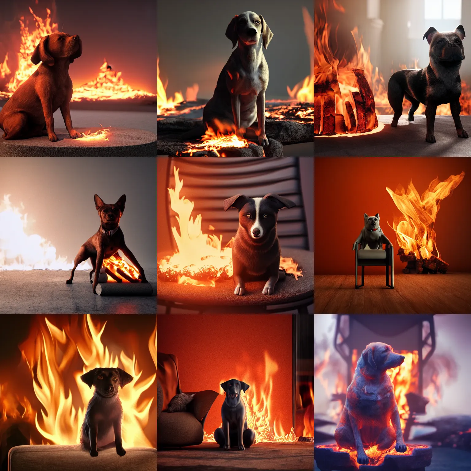 Prompt: calm dog sitting on chair surronded by burning fire, realistic, 3d, digital art, octane render, detailed, dramatic light, cinematic