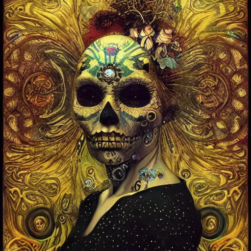 Image similar to Memento Mori by Karol Bak, Jean Deville, Gustav Klimt, and Vincent Van Gogh, beautiful visionary mystical portrait, calavera, otherworldly, fractal structures, ornate gilded medieval icon, third eye, spirals, sugar skull by Van Gogh