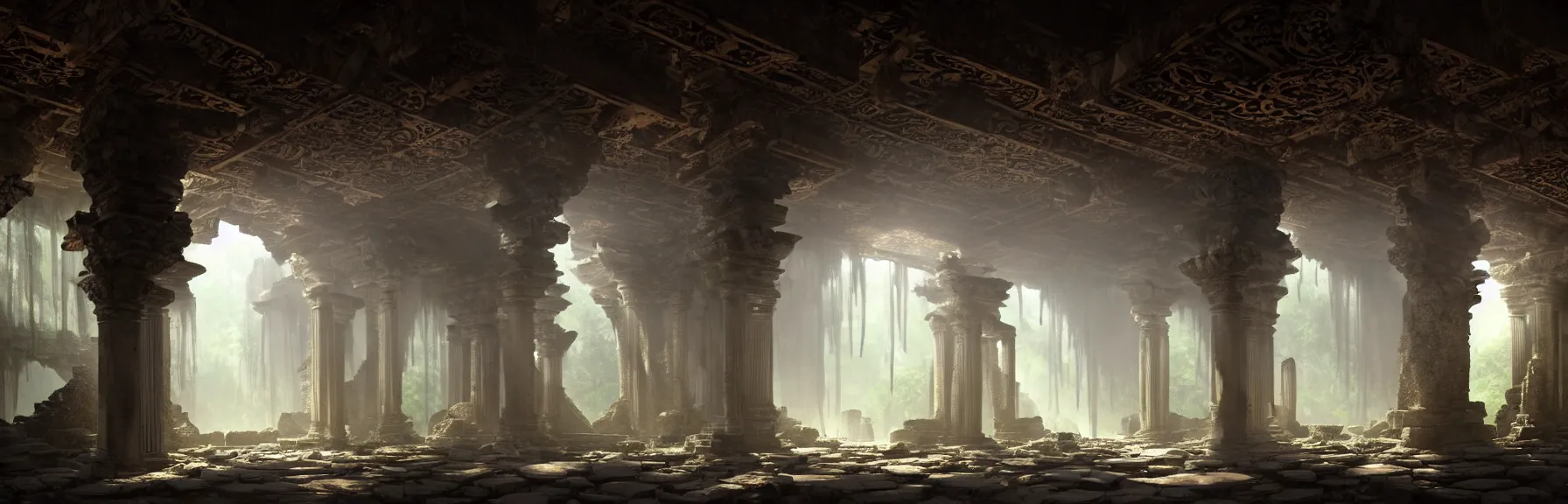 Image similar to The interior of an mystical ancient dilapidated temple in ruins amidst jungle, intricate runes chiseled on the walls, elegant chandelier hanging from the ceiling; volumetric lighting, digital painting, highly detailed, artstation, sharp focus, illustration, concept art, ruan jia, steve mccurry