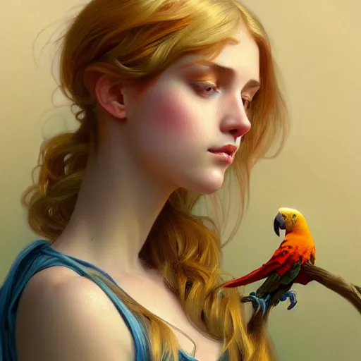 Image similar to portrait of a young blonde e - girl with a parrot, upper body, long hair, intricate, elegant, highly detailed, digital painting, artstation, concept art, matte, sharp focus, illustration, art by artgerm and greg rutkowski and alphonse mucha