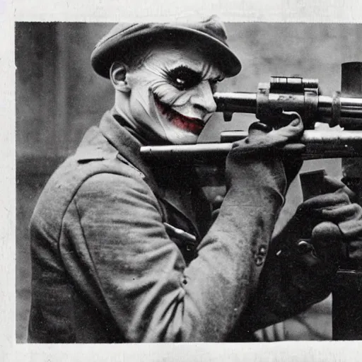 Image similar to old wartime photograph of the joker holding a lewis gun, 1 9 1 7