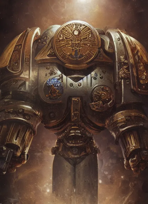 Image similar to metallic astartes horus heresy space marine physically accurate, moody dynamic lighting, very very intricate, very very elegant, highly detailed, digital painting, artstation, HR GIGER, Hieronymus Bosch, Francis Bacon, concept art, smooth, very beautiful, sharp focus, illustration, art by artgerm and greg rutkowski and alphonse mucha