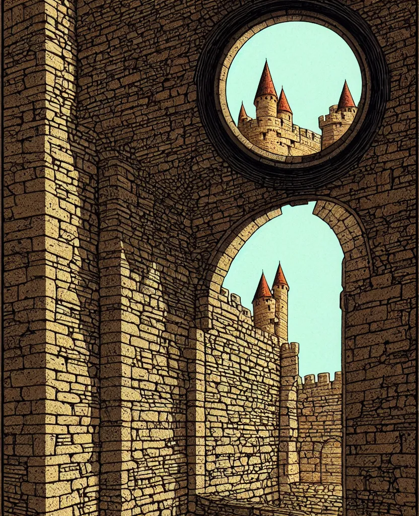 Image similar to stone wall inside of a majestic castle, round window, high details, intricately detailed, by vincent di fate, inking, 3 color screen print, masterpiece, trending on artstation,, sharp, details, hyper - detailed, hd, 4 k, 8 k