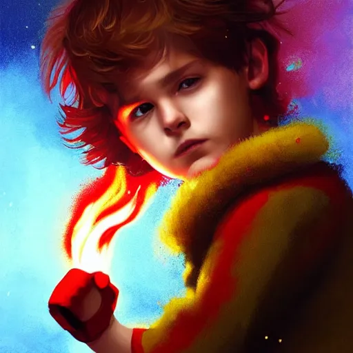 Image similar to colorful and festive captivating young child boy, brown fluffy hair, wearing red and yellow clothes, shooting a fire ball out of his fist. rich vivid colors, ambient lighting, dynamic lighting, 4 k, atmospheric lighting, painted, intricate, highly detailed by charlie bowater